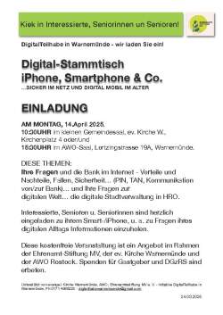 Einladungsflyer „IPhone, Smartphone & Co.“ - Digital-Stammtisch für Seniorinnen und Senioren 
