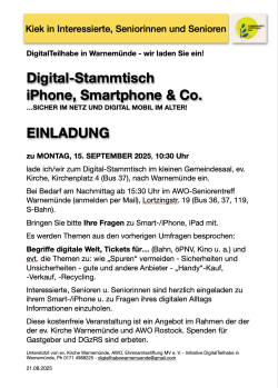 Veranstaltungsflyer zum Digital-Stammtisch in Warnemünde am 15. September 2025.