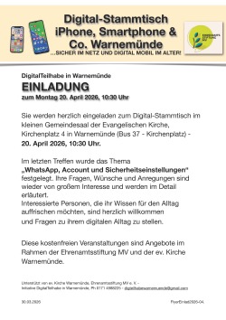 Veranstaltungsflyer Digital-Stammtisch für Seniorinnen und Senioren am 20. April 2026 in Warnemünde