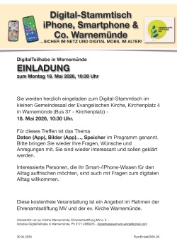 Veranstaltungsflyer: Digital-Stammtisch für Seniorinnen und Senioren am 18. Mai 2026 in Warnemünde