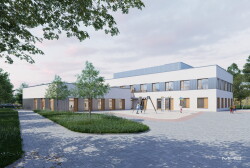 So soll der neue Hort „Warnowschipper“ aus Blickrichtung der Straße Stephan-Jantzen-Ring einmal aussehen. Visualisierung