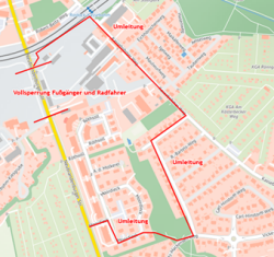 Umleitungsskizze für den Fußgänger- und Radverkehr, 2. Bauabschnitt, in der Neubrandenburger Straße