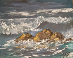 Kunst in Acryl, brechende Welle am Felsen