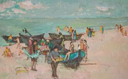 Arbeit und Erholung II (Am Fischerstrand), 1953/54, Öl, Tempera auf Karton, 20 x 32 cm, Aus der Sammlung der Kunsthalle Rostock