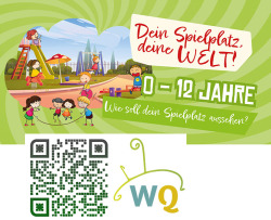 Plakat Dein Spielplatz, deine Welt!  Kinder und Jugendliche gestalten mit Ideen für Spielplätze und Treffpunkte im WarnowQuartier gesucht.
