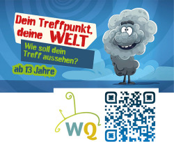 Plakat Dein Treffpunkt, deine Welt! Kinder und Jugendliche gestalten mit Ideen für Spielplätze und Treffpunkte im WarnowQuartier gesucht.