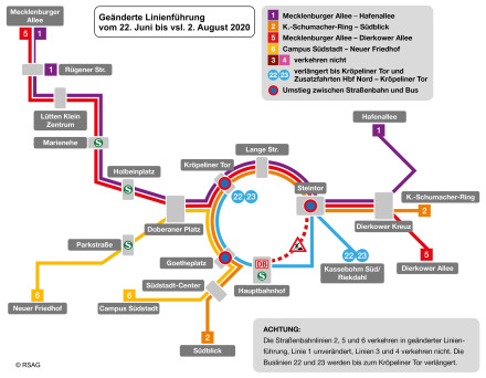 Plan Geänderte Linienführung 22. Juni bis 2. August 2020