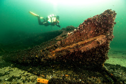 Schwimmtaucher über einem Wrack in der Ostsee