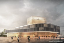 Siegentwurf der Hascher Jehle Assoziierte GmbH Berlin im Theaterneubau-Wettbewerb: Ansicht von der Langen Straße Siegentwurf der Hascher Jehle Assoziierte GmbH Berlin im Theaterneubau-Wettbewerb: Ansicht von der Langen Straße