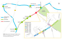 Übersicht der Umleitung für Anlieger und der Buslinie 102; Detailansicht zu Teilbauabschnitten und entsprechenden Zeiträumen Übersicht der Umleitung für Anlieger und der Buslinie 102; Detailansicht zu Teilbauabschnitten und entsprechenden Zeiträumen