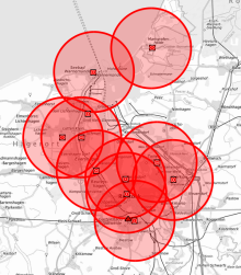 Karte der Katastrophenschutz-Leuchttürme in Rostock mit Drei-Kilometer-Radius