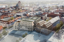 Blick auf die beiden Neubauten für die Rathausweiterung in Rostock: Haus C („Doppelgiebelhaus“, rechts) und Haus D (links daneben). Blick auf die beiden Neubauten für die Rathausweiterung in Rostock: Haus C („Doppelgiebelhaus“, rechts) und Haus D (links daneben).