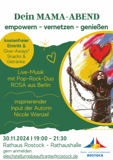 Plakat: Dein Mama-Abend: Empowern - vernetzen - genießen am 30. November 2024 im Rathaus 