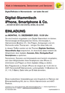 Veranstaltungsflyer - Digital-Stammtisch für Seniorinnen und Senioren in Warnemünde am 15. Dezember