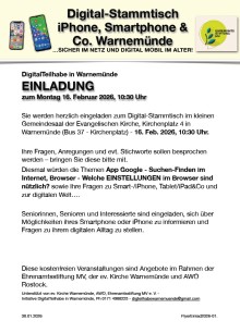 Veranstaltungsflyer Digital-Stammtisch für Seniorinnen und Senioren am 16. Februar in Warnemünde