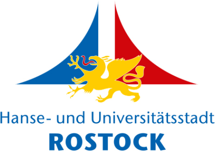Greif vor blauem und rotem Segel darunter der Schriftzug: Hanse- und Universitätsstadt Rostock