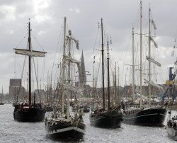 Schiffe der Hanse-Sail; im Hintergrund Panorama von Rostock