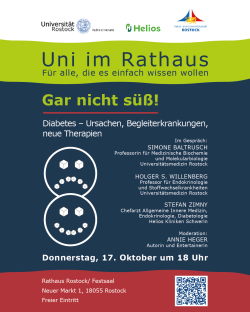 Veranstaltungsplakat "Uni im Rathaus" am 17.10.2024: "Gar nicht süß! Diabetes – Ursachen, Begleiterkrankungen, neue Therapien"