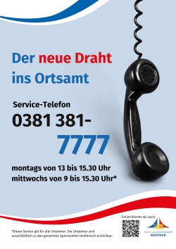 Plakat: Der heiße Draht ins Ortsamt: Tel. 0381 381-7777 (Retro).