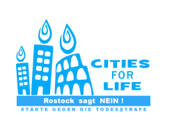 Banner „CITIES FOR LIVE – Rostock sagt NEIN! Städte gegen die Todesstrafe“