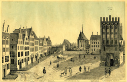 Der „lateinische“ Markt (Universitätsplatz) mit den Regentien (links), dem Lektorium (rechts) und dem Weißen Kolleg (links dahinter) im 16. Jahrhundert 