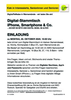 Flyer Digital-Stammtisch für Seniorinnen und Senioren in Warnemünde am 20. Oktober
