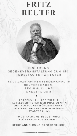 Plakat zur Gedenkveranstaltung am 12. Juli 2024 zum 150. Todestag von Fritz Reuter.