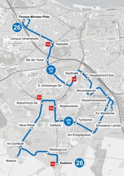Karte der Linienführung der Linie 26 ab 13. Oktober 2025 Karte der Linienführung der Linie 26 ab 13. Oktober 2025