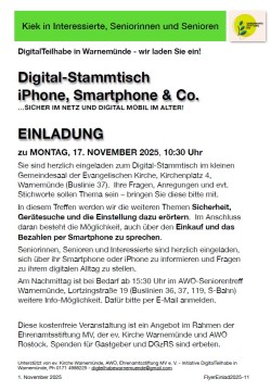 Veranstaltungsflyer zum Digital-Stammtisch in Warnemünde am 17. November 2025.