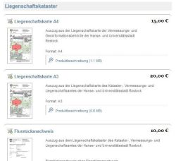 Screenshot des Onlineshops des Katasteramtes der Hanse- und Universitätsstadt Rostock