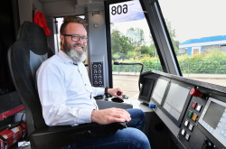 Mayor of the City of Rostock Claus Ruhe Madsen, driving a tram.