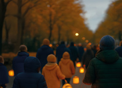 Kinder mit Laternen gehen in der Dämmerung durch den Zoo.