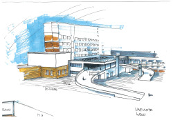 Die Zeichnung zeigt die den Neubau der Küche mit der neuen Notaufnahme am jetzigen „Rettungsanfahrtswegberg“.