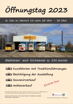 Plakat Öffnungstag Rostocker Straßenbahn AG, Oldtimer vor der Fahrzeughalle