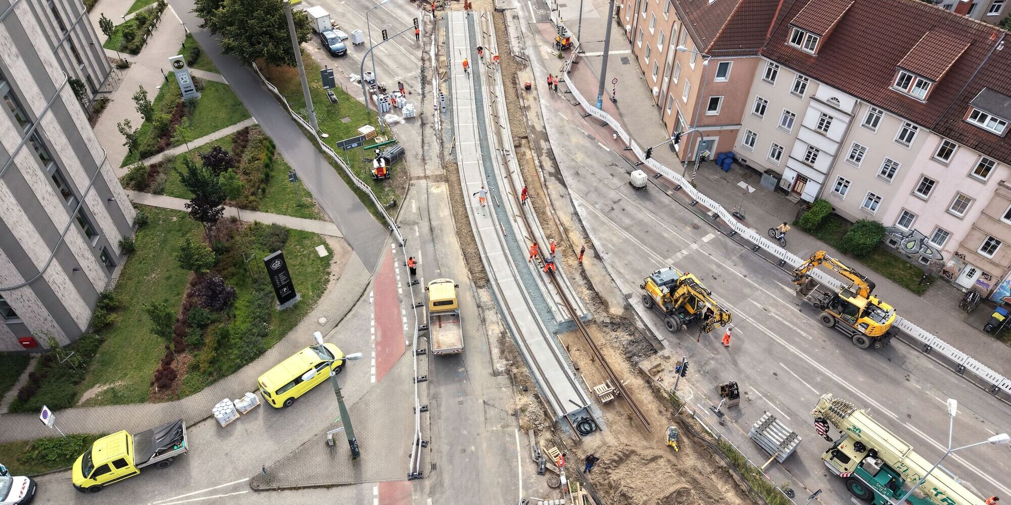 Baustelle am Werftdreieck (Bauzustand am 29. Juli 2026, Luftbild) | Foto: Rostocker Straßenbahn AG