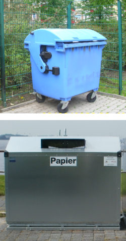 Blaue Tonne und Papiercontainer