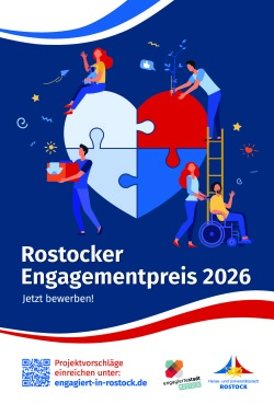 Plakat „Rostocker Engagementpreis 2026 | Jetzt bewerben!“