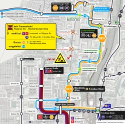 Karte Erneuerung Gleisüberfahrt Schleswiger Straße in Lichtenhagen: Kein Straßenbahnverkehr zwischen Rügener Straße und Mecklenburger Allee – Ersatzverkehr mit Bussen (SEV) und Änderungen auf den Buslinien 38 und F3