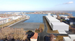 Visualisierung des künftigen Werftbeckens in Warnemünde.