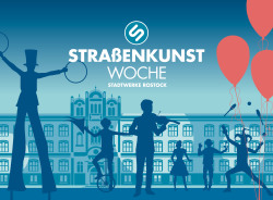 Plakat Straßenkunstwoche, Straßenkünstler im Schattenriss in der Fußgängerzone vor der Universität